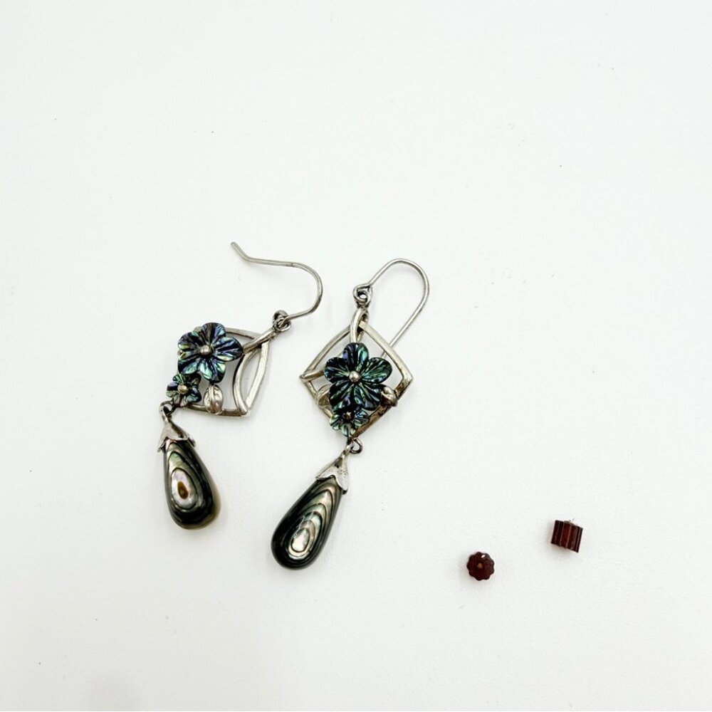 Silver Tone Abalone Flower Drop Earrings – Art Nouveau Style - Picture 2 of 4